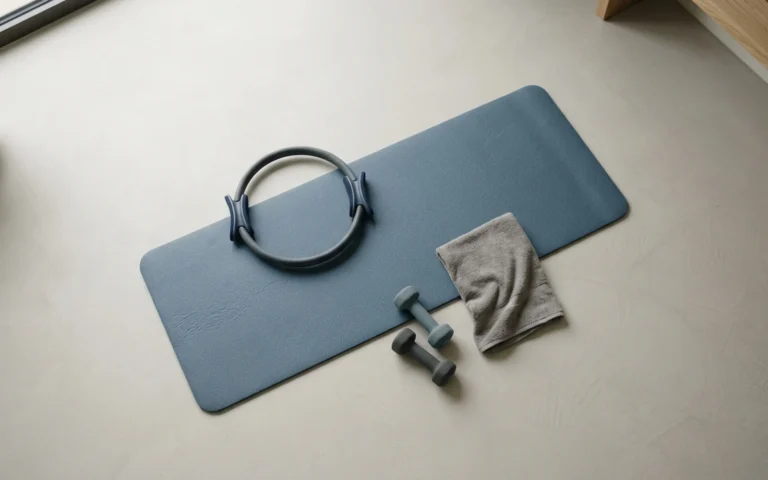 mat üzerinde pilates halkası, ağırlıklar ve havlu